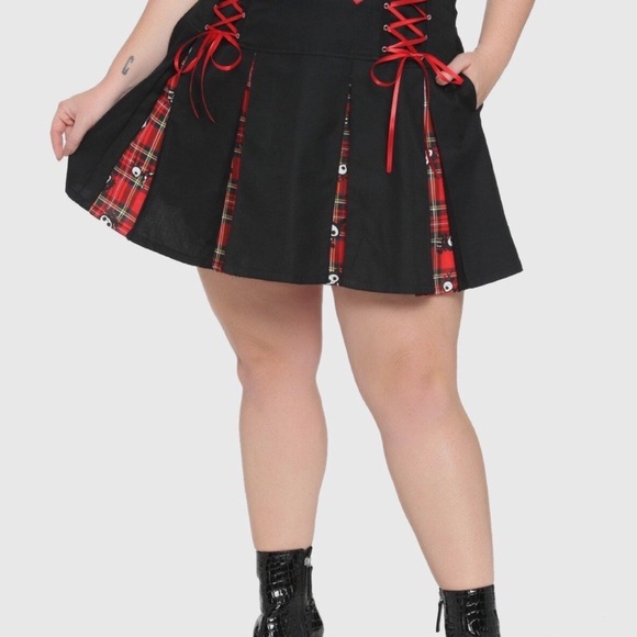 Skelanimals Mini Skirt Hot Topic Black Red Plaid Pockets Pleated Goth Large - Picture 1 of 13